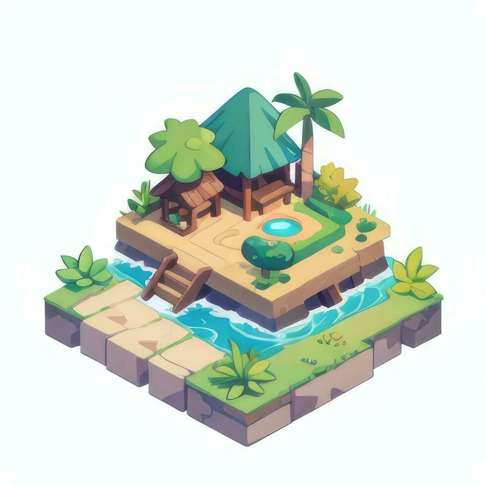 AI generated Isometric 3D Tropical Island Building Icon Clip Art Sticker Decoration Simple Background photo