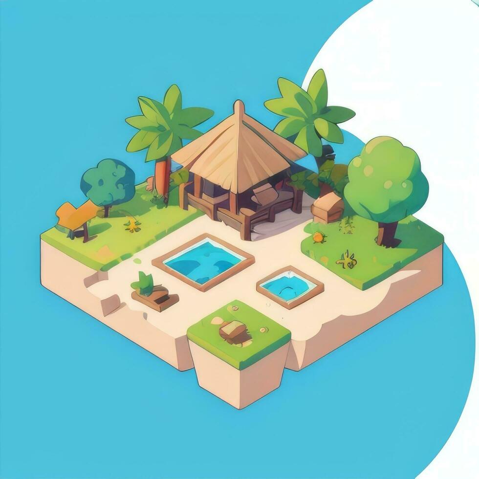 AI generated Isometric 3D Tropical Island Building Icon Clip Art Sticker Decoration Simple Background photo