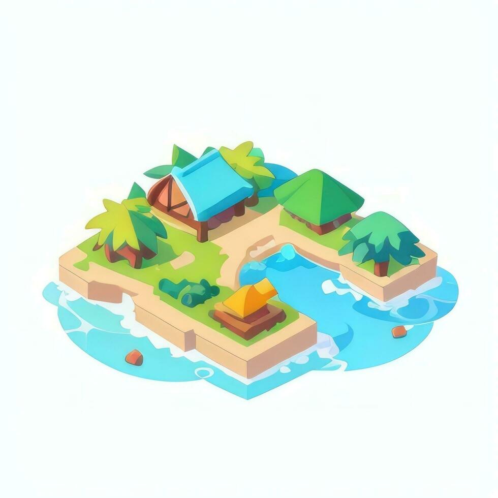 AI generated Isometric 3D Tropical Island Building Icon Clip Art Sticker Decoration Simple Background photo