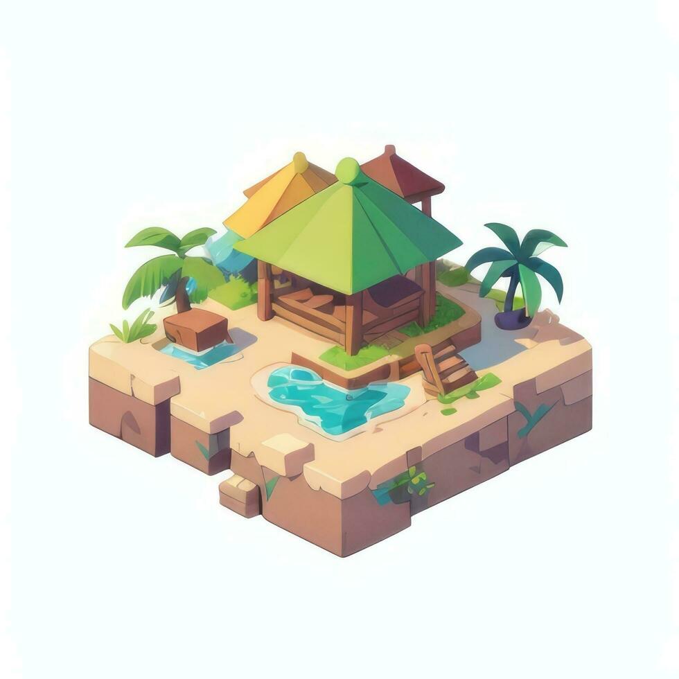 AI generated Isometric 3D Tropical Island Building Icon Clip Art Sticker Decoration Simple Background photo