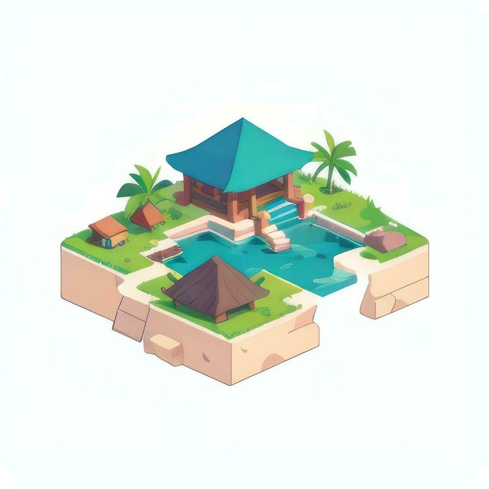 AI generated Isometric 3D Tropical Island Building Icon Clip Art Sticker Decoration Simple Background photo
