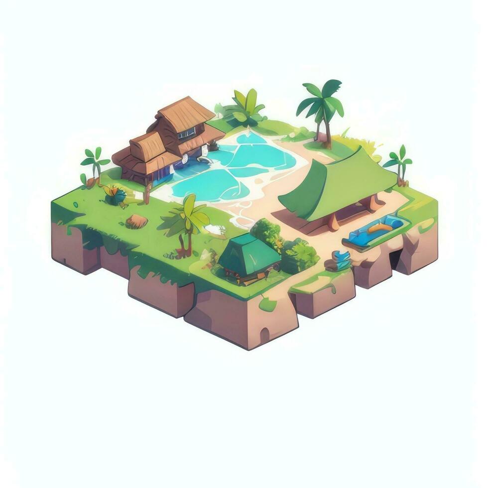 AI generated Isometric 3D Tropical Island Building Icon Clip Art Sticker Decoration Simple Background photo