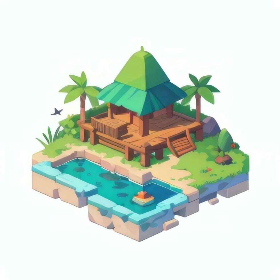 AI generated Isometric 3D Tropical Island Building Icon Clip Art Sticker Decoration Simple Background photo