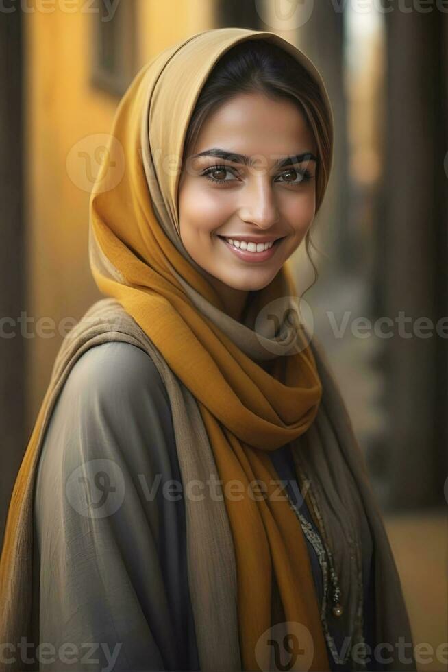 ai generado hermosa musulmán mujer sonriente y riendo vistiendo un hijab y decorado chal foto