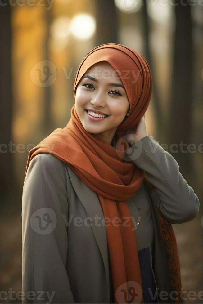 ai generado hermosa musulmán mujer sonriente y riendo vistiendo un hijab y decorado chal foto