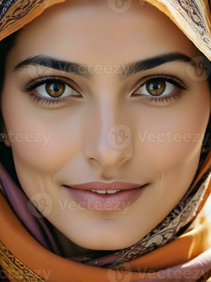 ai generado hermosa musulmán mujer sonriente y riendo vistiendo un hijab y decorado chal foto