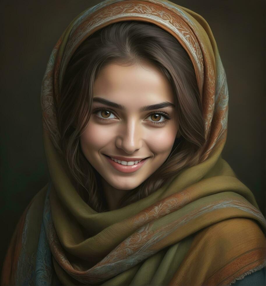 AI generated Beautiful Muslim woman smiling and laughing wearing a hijab and decorated shawl photo