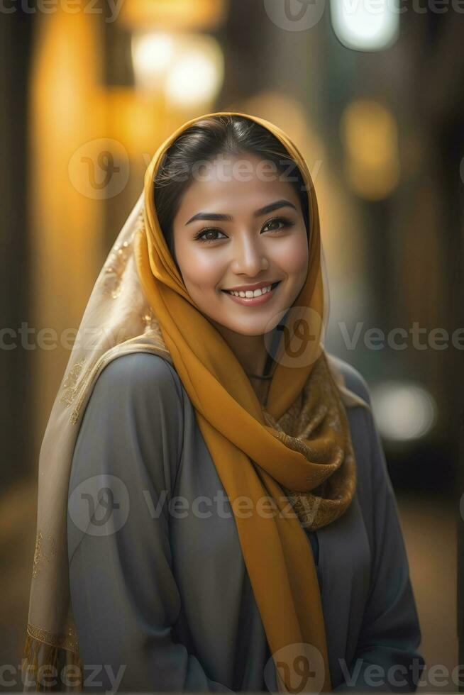 AI generated Beautiful Muslim woman smiling and laughing wearing a hijab and decorated shawl photo