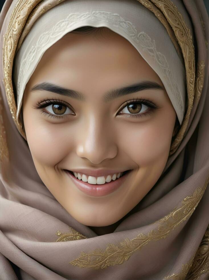 AI generated Beautiful Muslim woman smiling and laughing wearing a hijab and decorated shawl photo