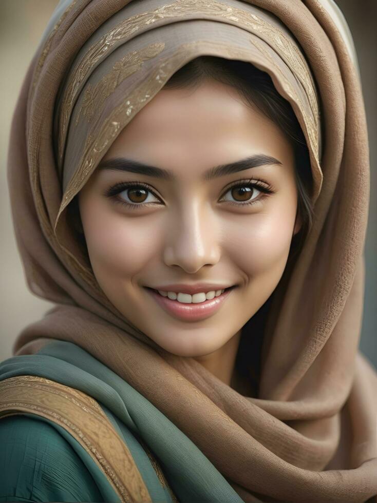 ai generado hermosa musulmán mujer sonriente y riendo vistiendo un hijab y decorado chal foto