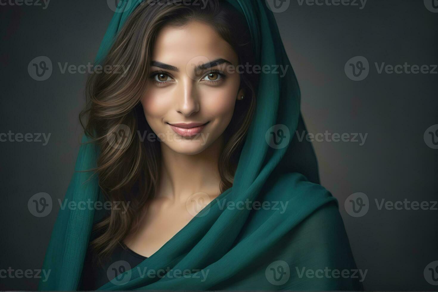 AI generated Beautiful Muslim woman smiling and laughing wearing a hijab and decorated shawl photo