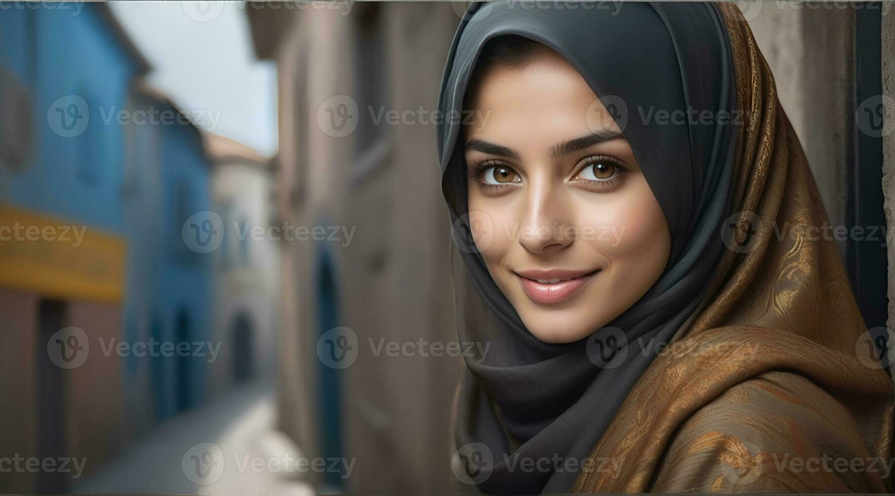 AI generated Beautiful Muslim woman smiling and laughing wearing a hijab and decorated shawl photo