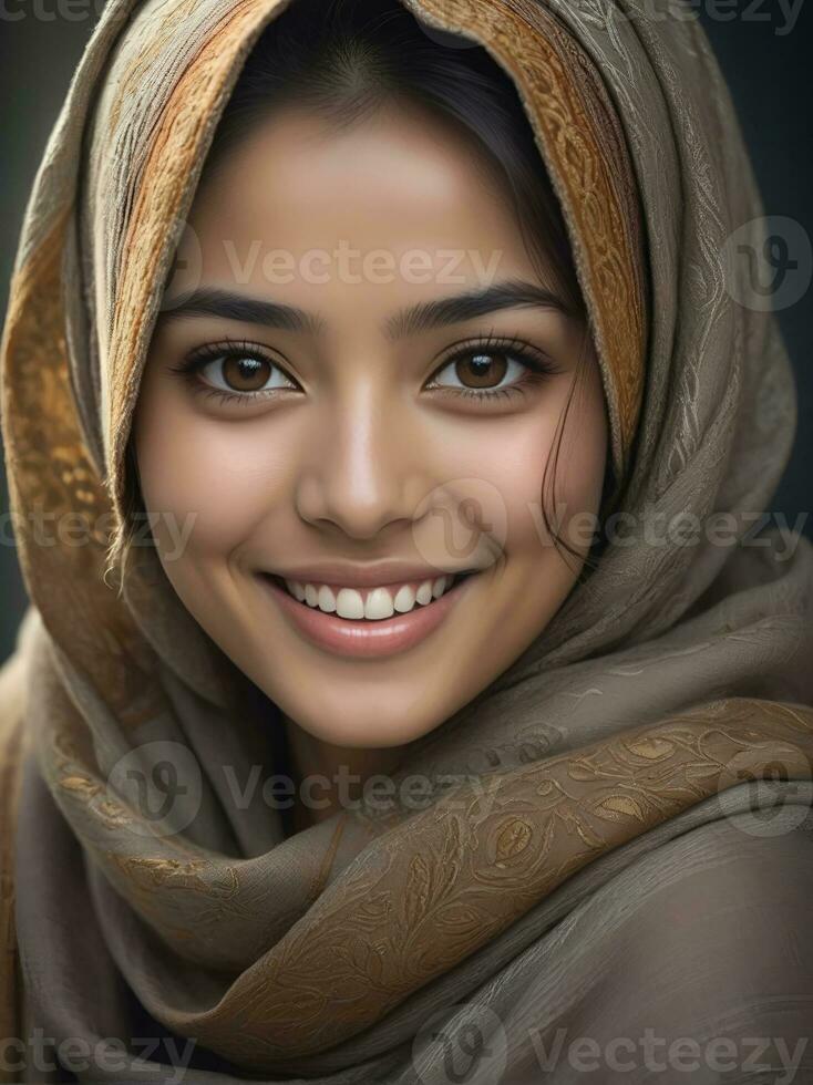 AI generated Beautiful Muslim woman smiling and laughing wearing a hijab and decorated shawl photo