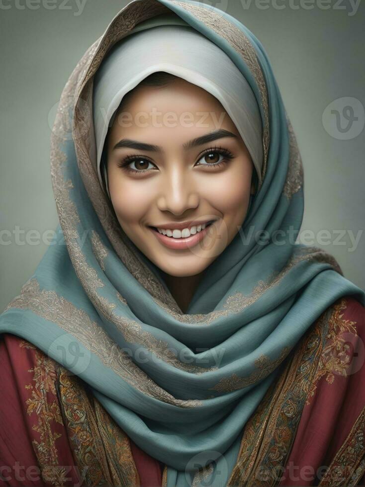 AI generated Beautiful Muslim woman smiling and laughing wearing a hijab and decorated shawl photo