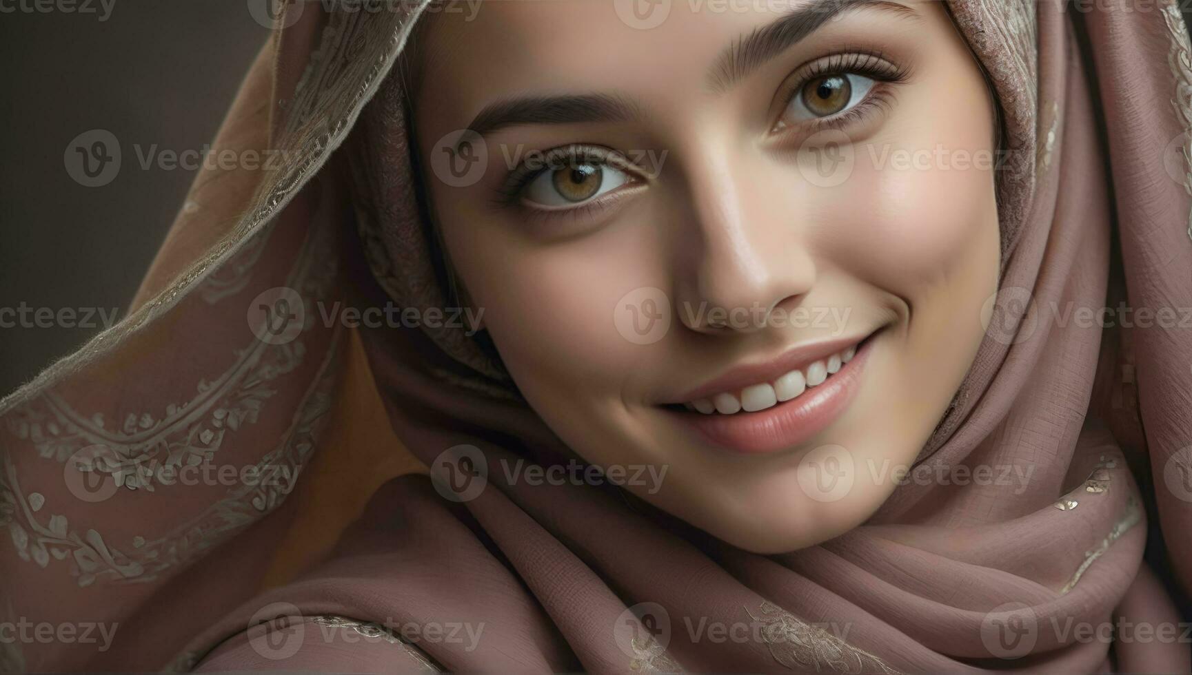 AI generated Beautiful Muslim woman smiling and laughing wearing a hijab and decorated shawl photo