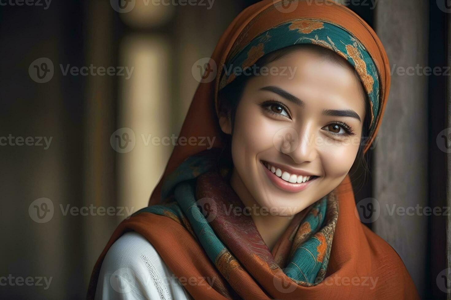 ai generado hermosa musulmán mujer sonriente y riendo vistiendo un hijab y decorado chal foto