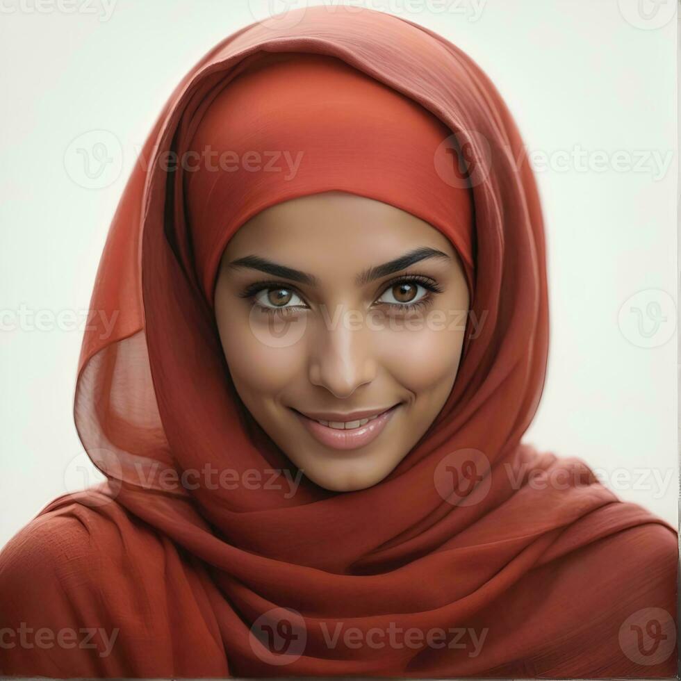 ai generado hermosa musulmán mujer sonriente y riendo vistiendo un hijab y decorado chal foto