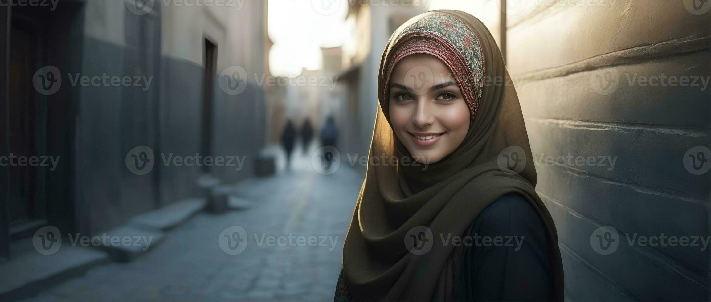 ai generado hermosa musulmán mujer sonriente y riendo vistiendo un hijab y decorado chal foto