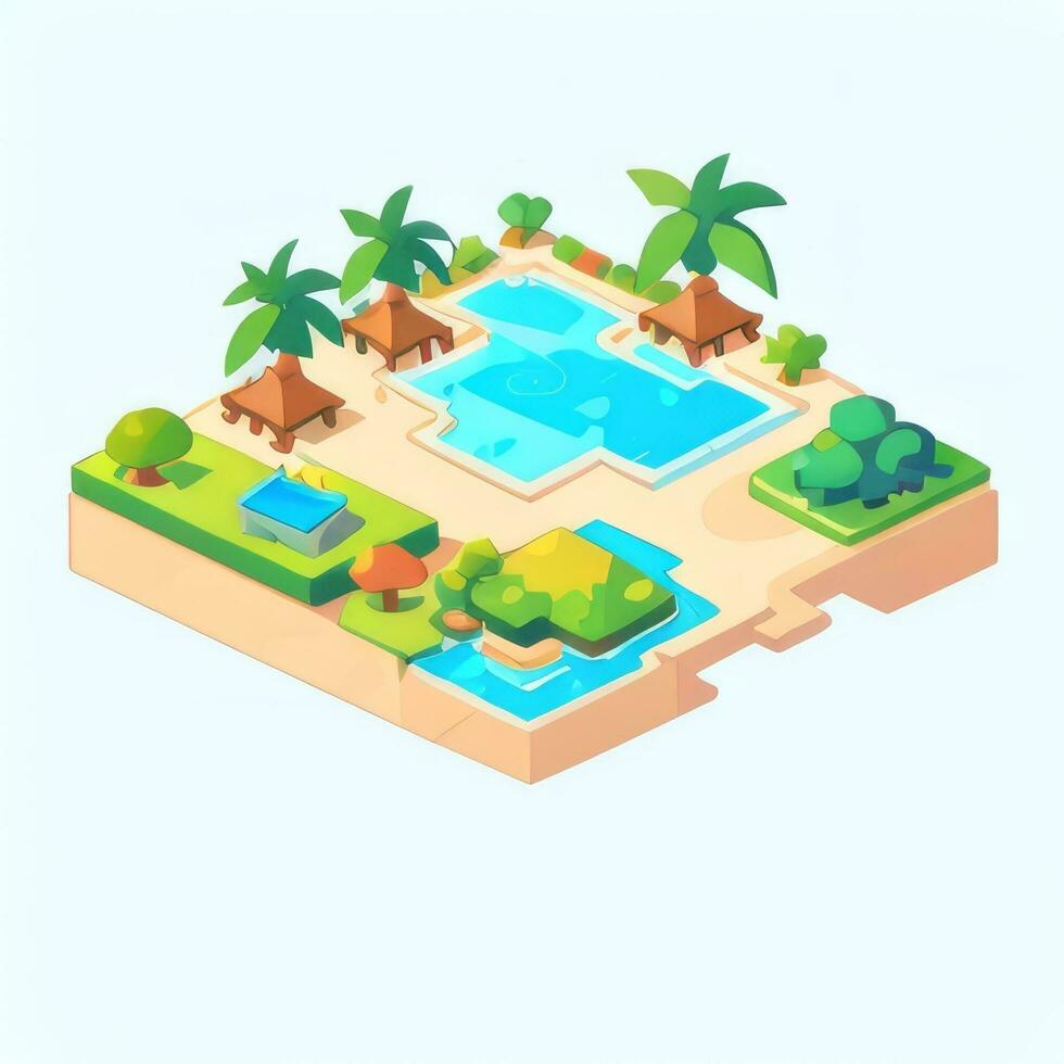 AI generated Isometric 3D Tropical Island Building Icon Clip Art Sticker Decoration Simple Background photo