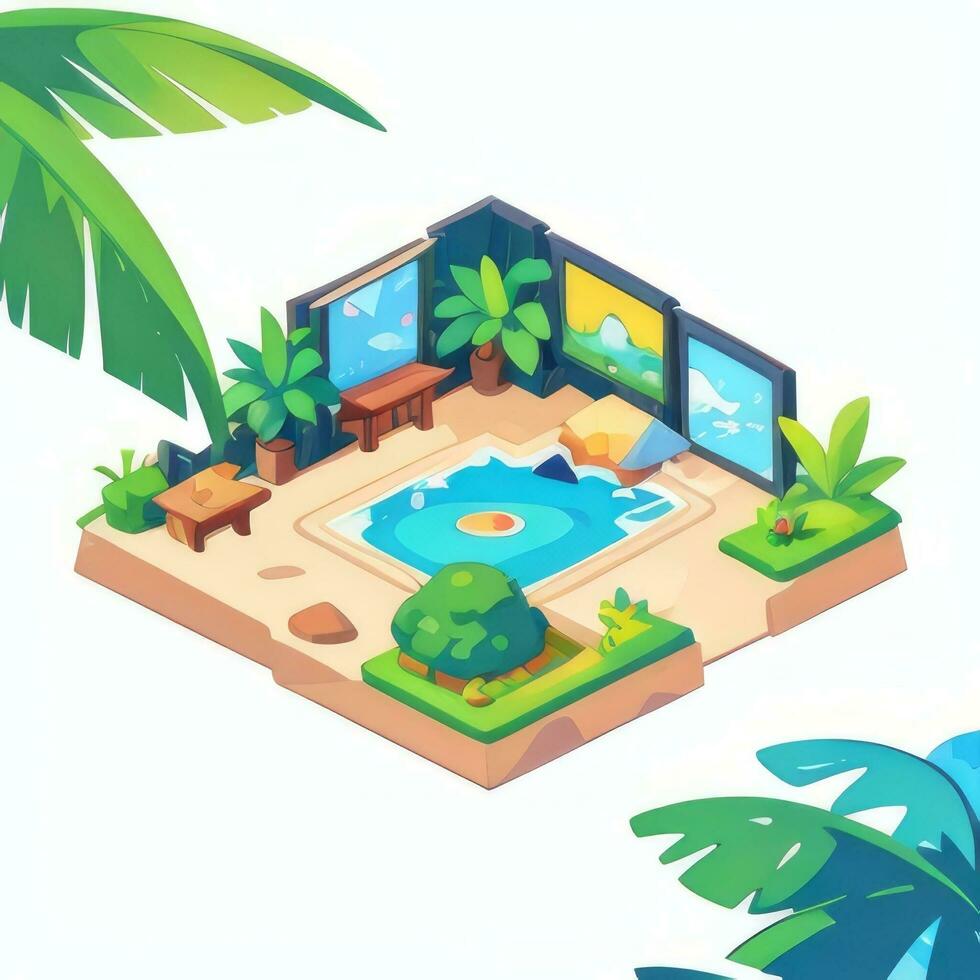 AI generated Isometric 3D Tropical Island Building Icon Clip Art Sticker Decoration Simple Background photo