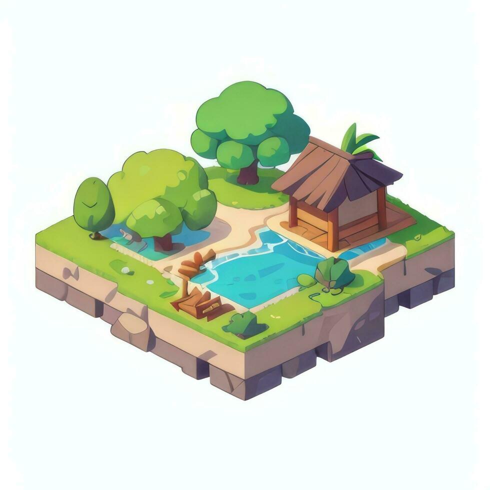 AI generated Isometric 3D Tropical Island Building Icon Clip Art Sticker Decoration Simple Background photo