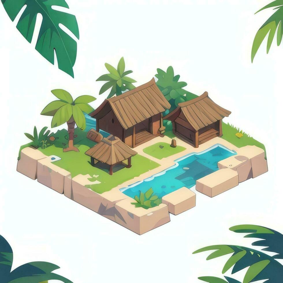 AI generated Isometric 3D Tropical Island Building Icon Clip Art Sticker Decoration Simple Background photo