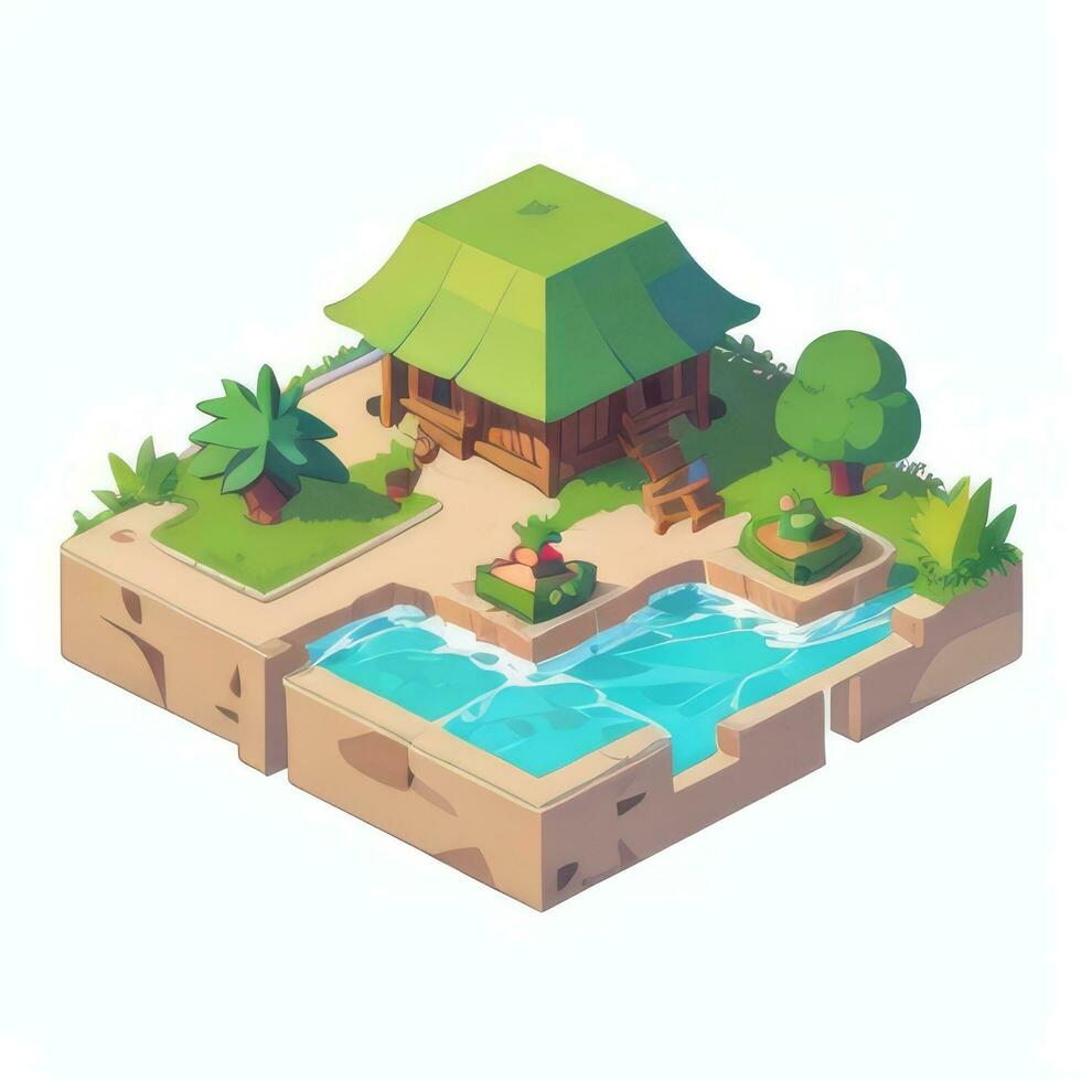 AI generated Isometric 3D Tropical Island Building Icon Clip Art Sticker Decoration Simple Background photo