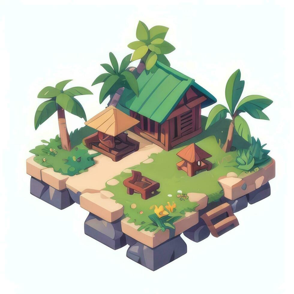 AI generated Isometric 3D Tropical Island Building Icon Clip Art Sticker Decoration Simple Background photo