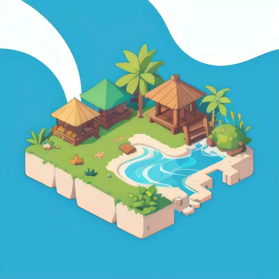 AI generated Isometric 3D Tropical Island Building Icon Clip Art Sticker Decoration Simple Background photo