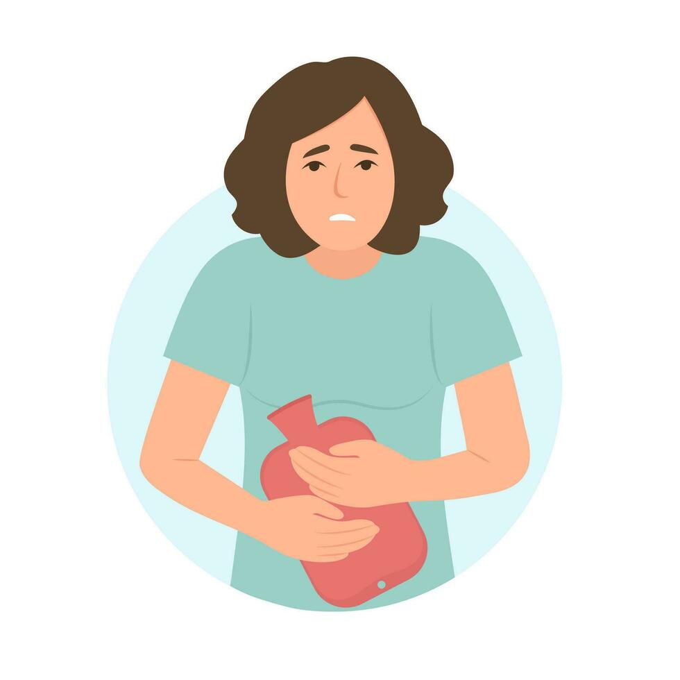 mujer sensación grave dolor en el abdomen. niña sostiene caucho más cálido con caliente agua.dolor durante menstruación, cistitis, uretritis, incontinencia o otro problemas de el uretra. vector