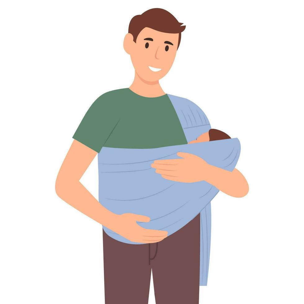 Smiling man holds his baby in a cloth carrier.  Father hugging child in baby sling. Baby feeling love and protection from dad. Vector illustration