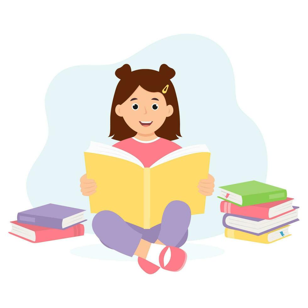 Cute kid  girl sitting at side of book stack.  Smiling child reading book. Vector illustration