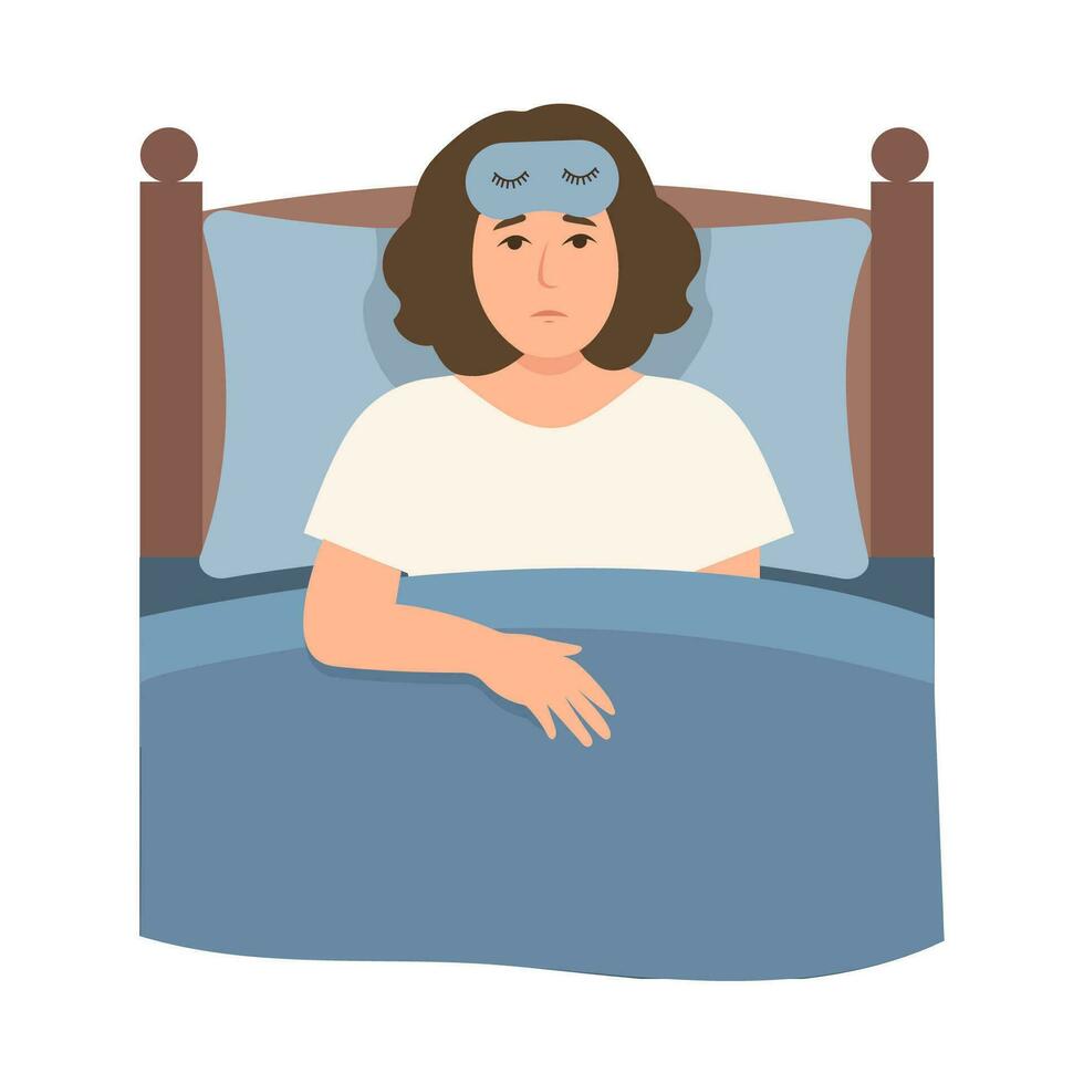 mujer sufrimiento desde insomnio.chica en cama con abierto ojos en oscuridad. concepto de tarde a noche, dormido trastorno, cansado y insomne, enfermedad, depresión efecto. plano vector ilustración