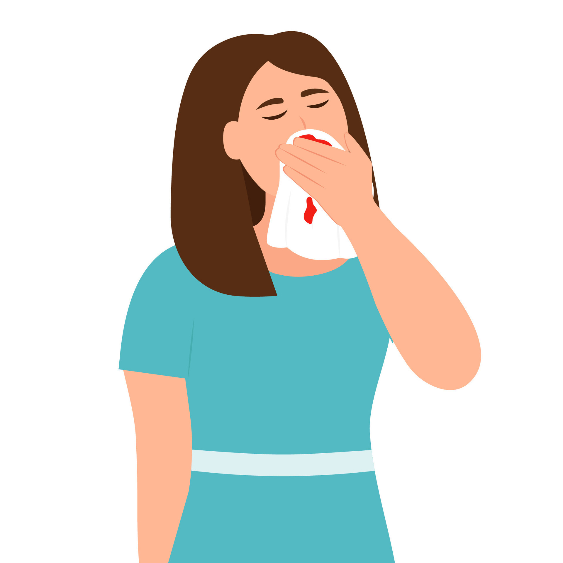 Woman Holding Tissue or Handkerchief and Wiping Blood Off Her Nose