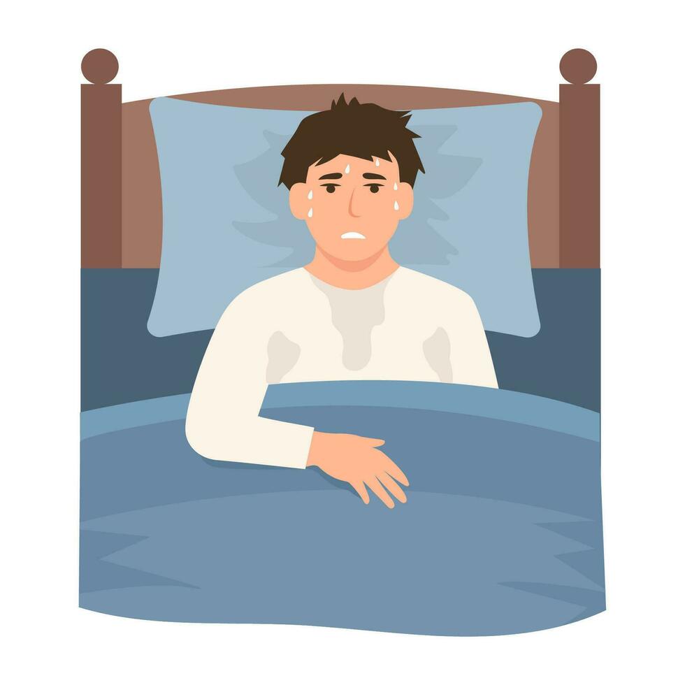 man suffering from night sweats or hot flashes. vector