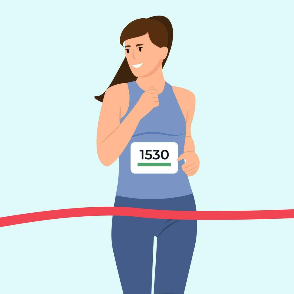Young woman in sportswear running crossing the finish line. Red ribbon concept. Vector illustration