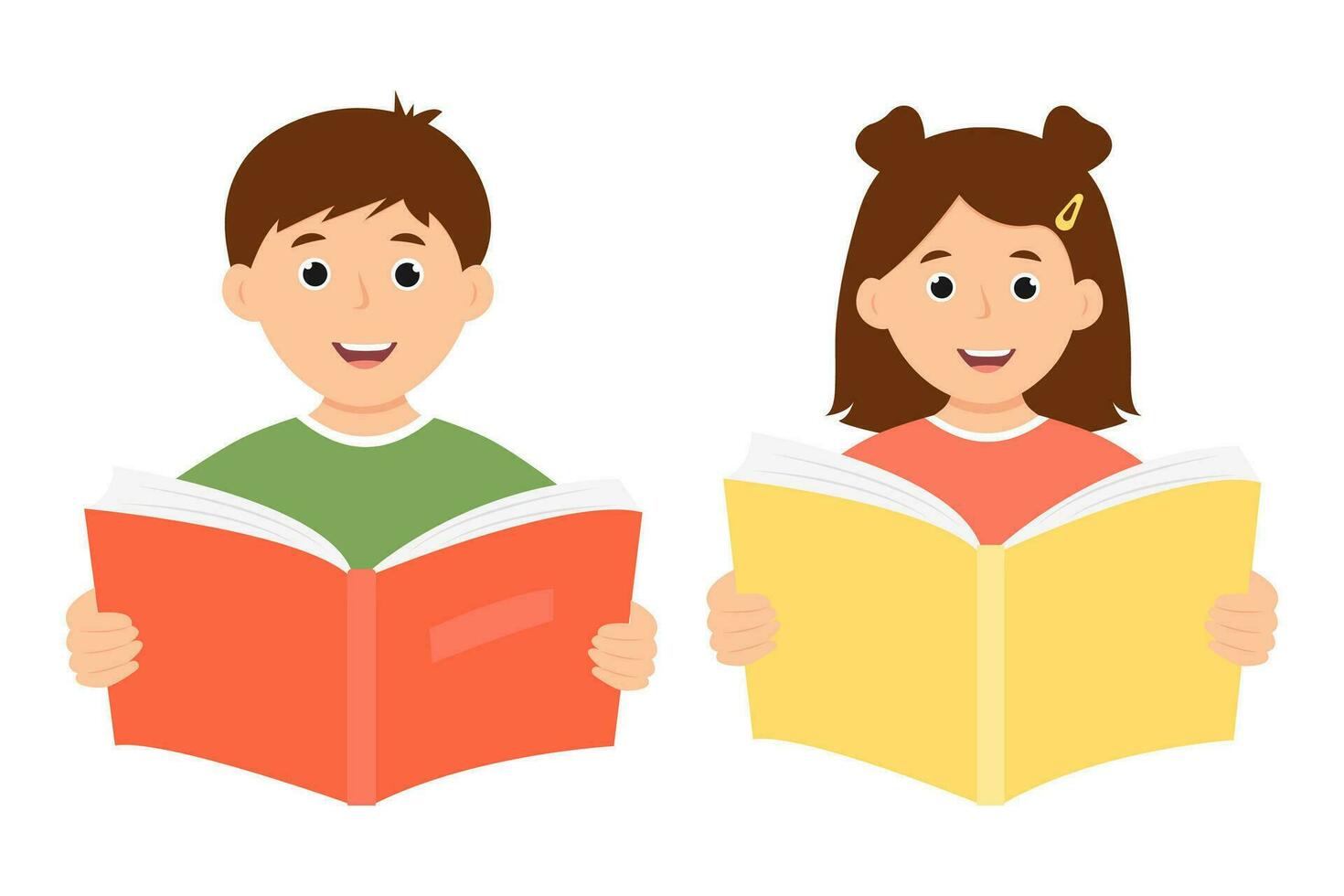 Smiling cute kids holding open book. Happy children  reading a book. Vector illustration isolated