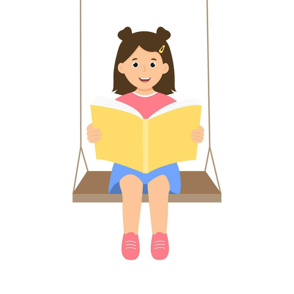 Happy kid reading book  while sitting on swing. Child reader enjoying literature. Vector Illustration isolated on white background