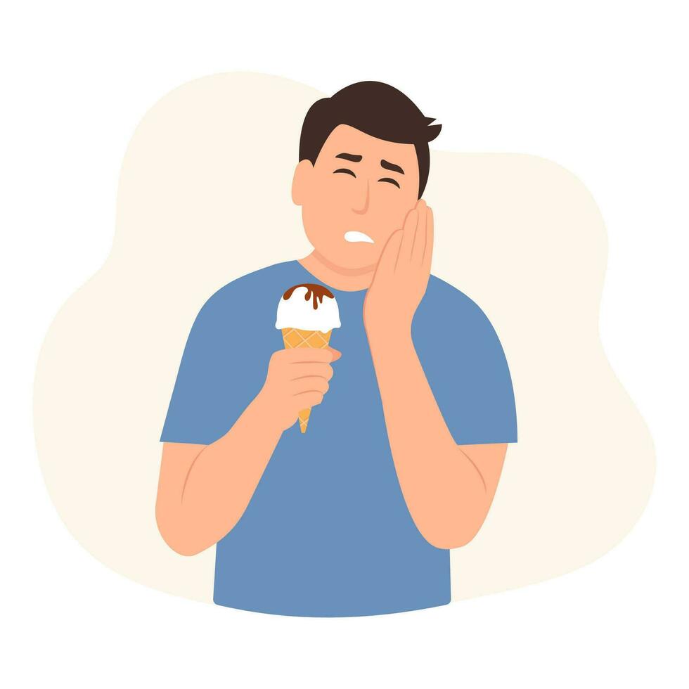Man with sensitive teeth. Guy having toothache while eating cold ice cream touching his cheek. Dental problem concept vector illustration.