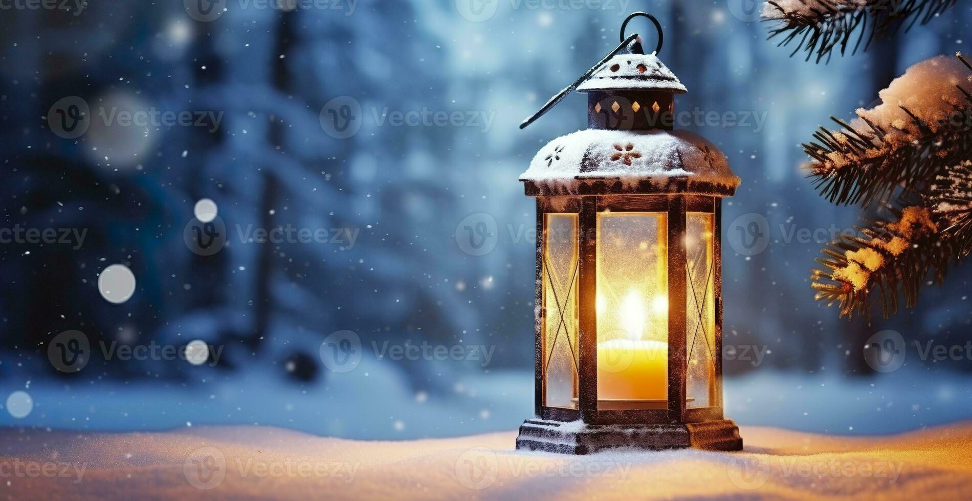 AI generated Christmas Lantern On Snow With Fir Branch In Evening Scene. Generative AI photo