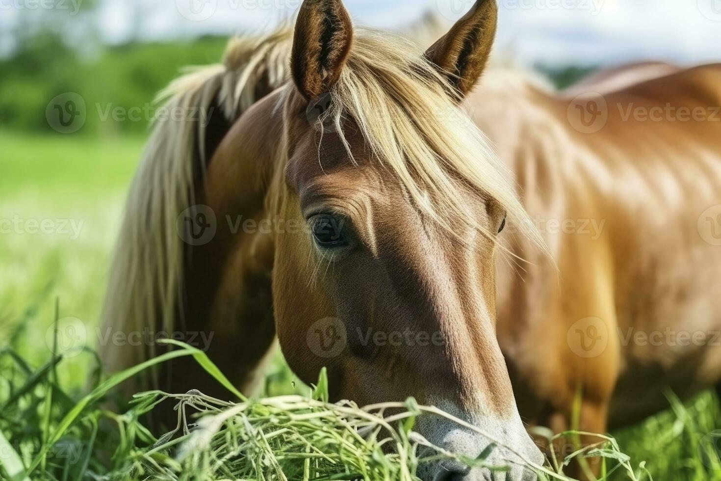 AI generated Brown horse with blond hair eats grass on a green meadow detail from the head. AI Generated photo