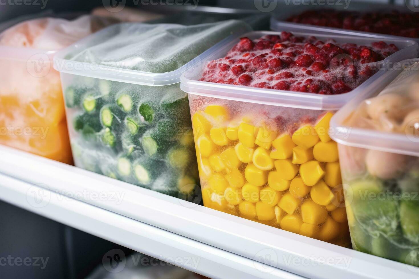 AI generated Frozen food in the freezer. Frozen vegetables. AI Generated photo