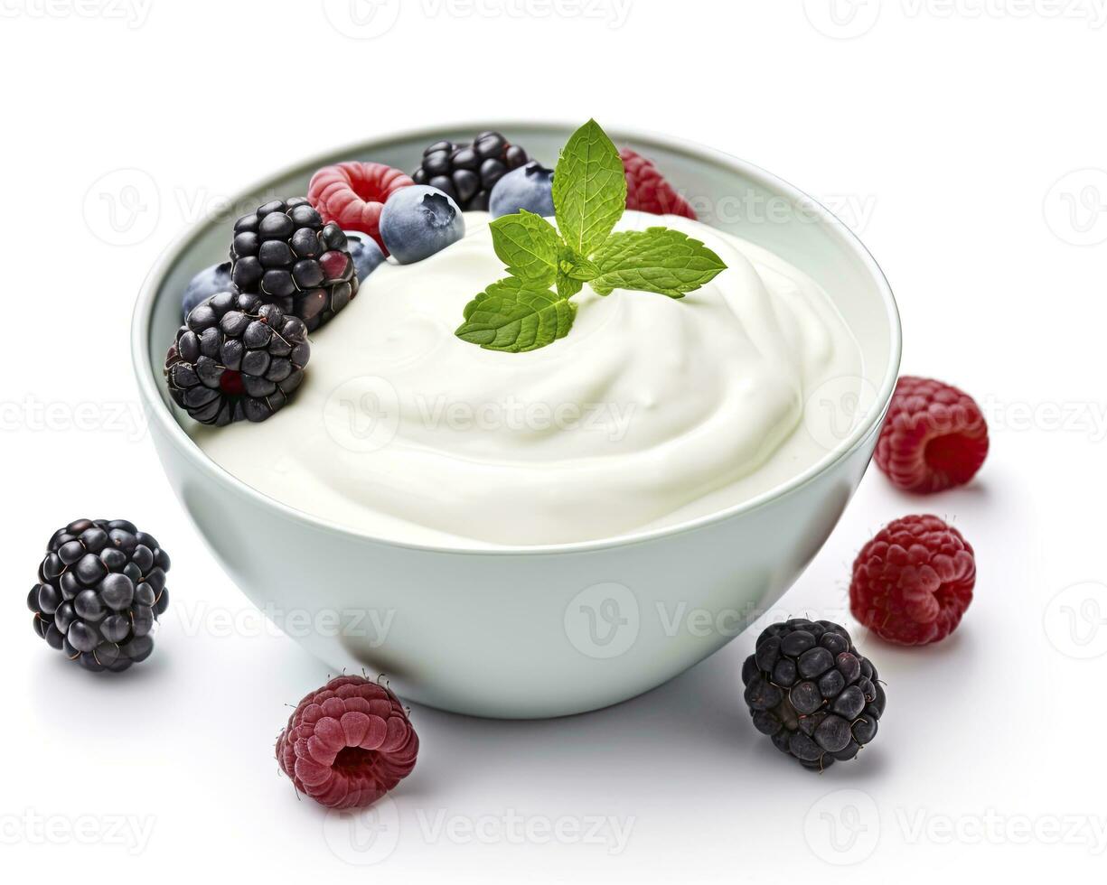 AI generated Green bowl of greek yogurt and fresh berries isolated on white background. AI Generated photo