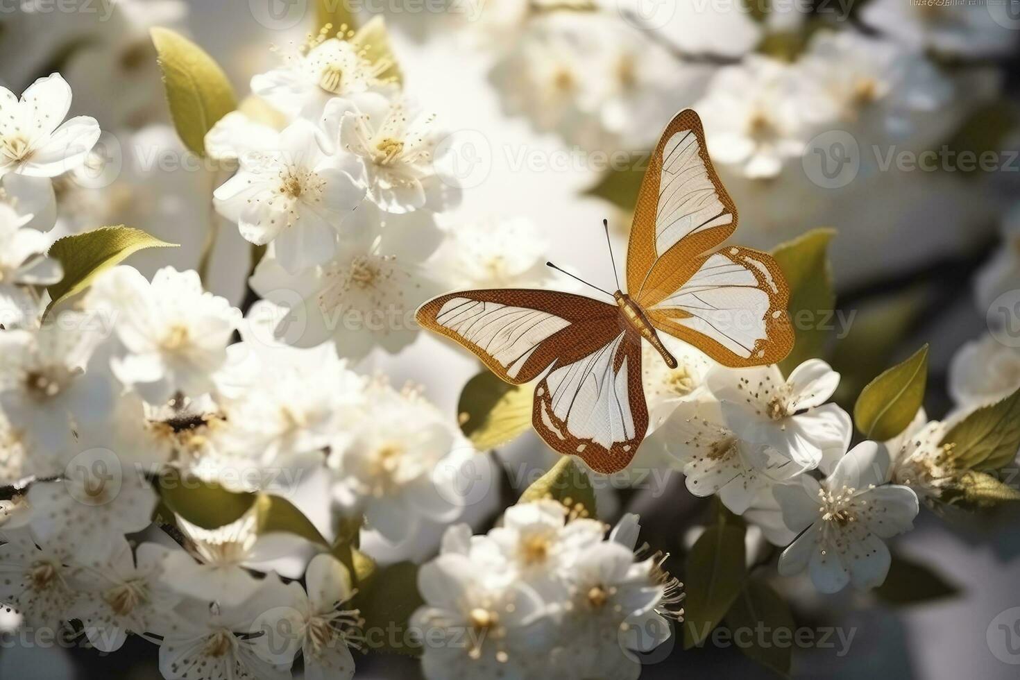 AI generated Goden butterflies with white flowers. AI Generated photo