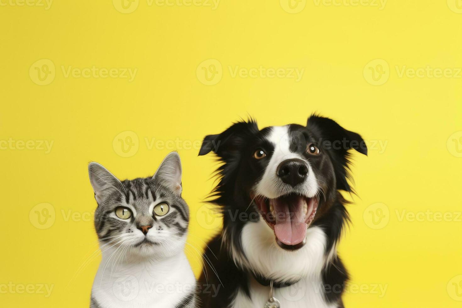 ai generado gato y perro juntos con contento expresiones en amarillo antecedentes. ai generado foto