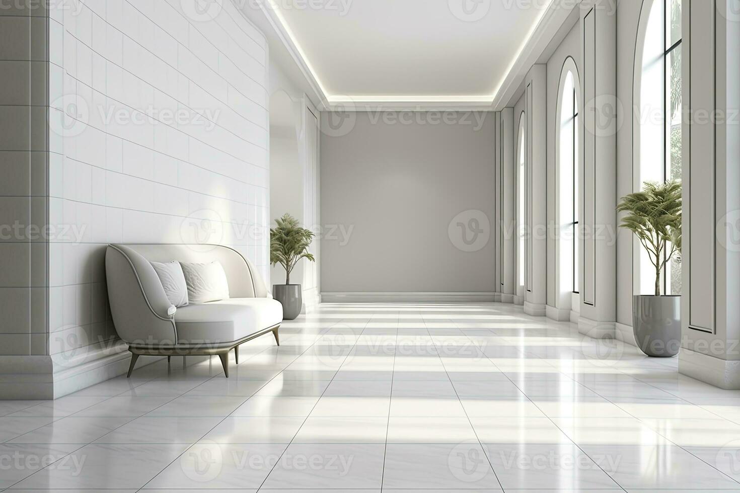 AI generated Interior design of a modern luxurious white building corridor or hallway with waiting seat. AI Generated photo