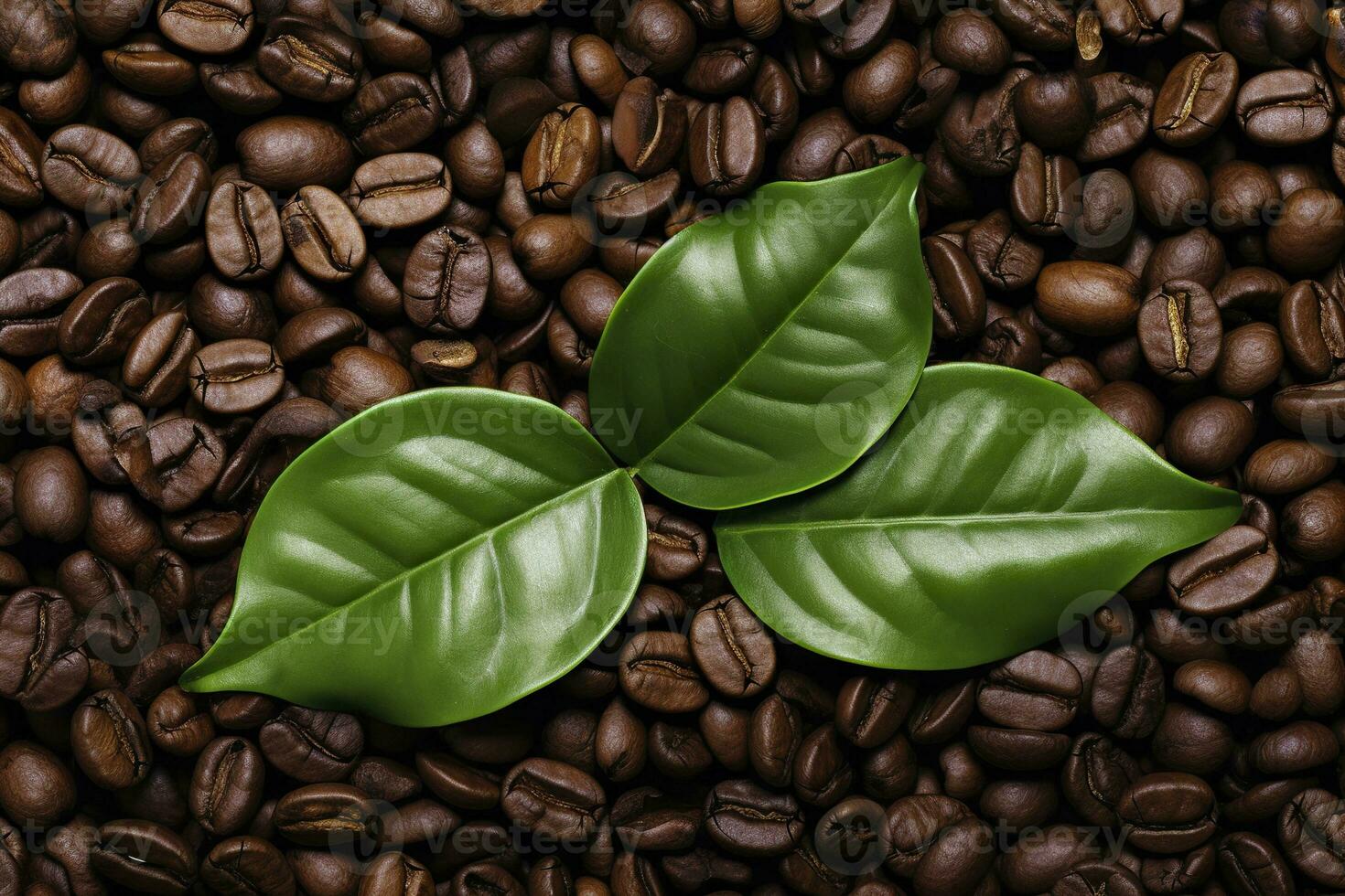 AI generated Green leaves with coffee beans as background. AI Generated photo