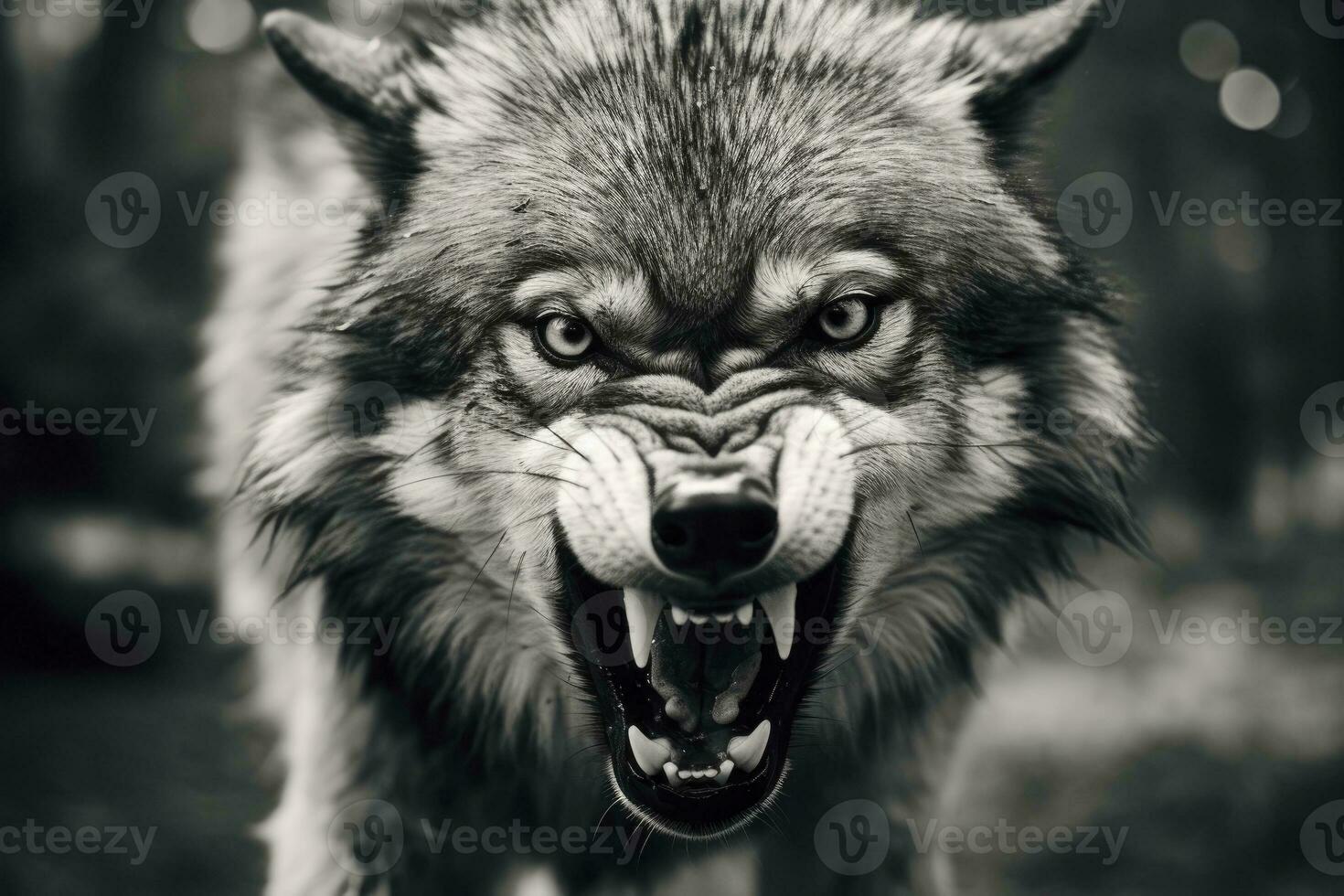 AI generated Greyscale closeup shot of an angry wolf with a blurred background. AI Generated photo
