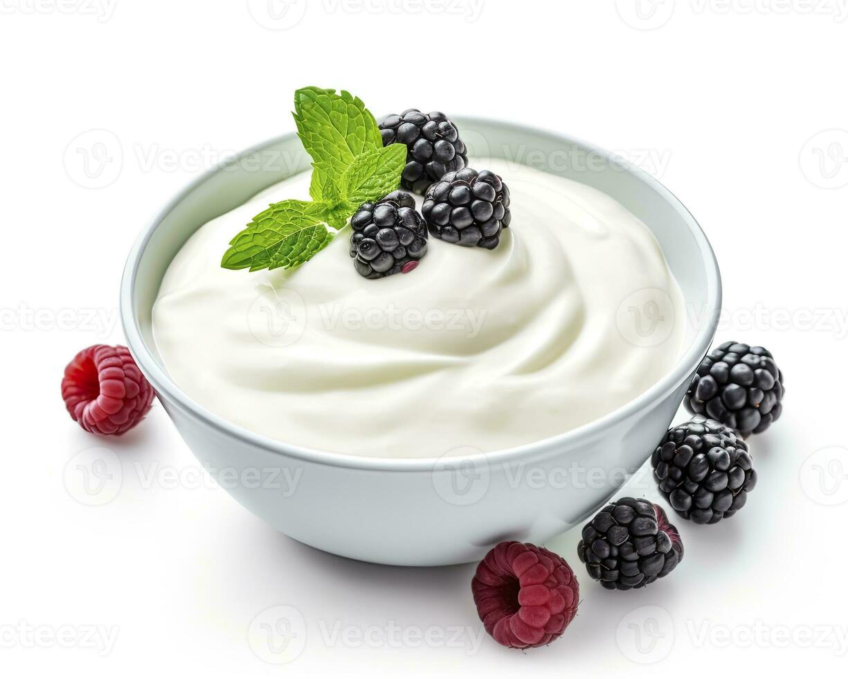 AI generated Green bowl of greek yogurt and fresh berries isolated on white background. AI Generated photo