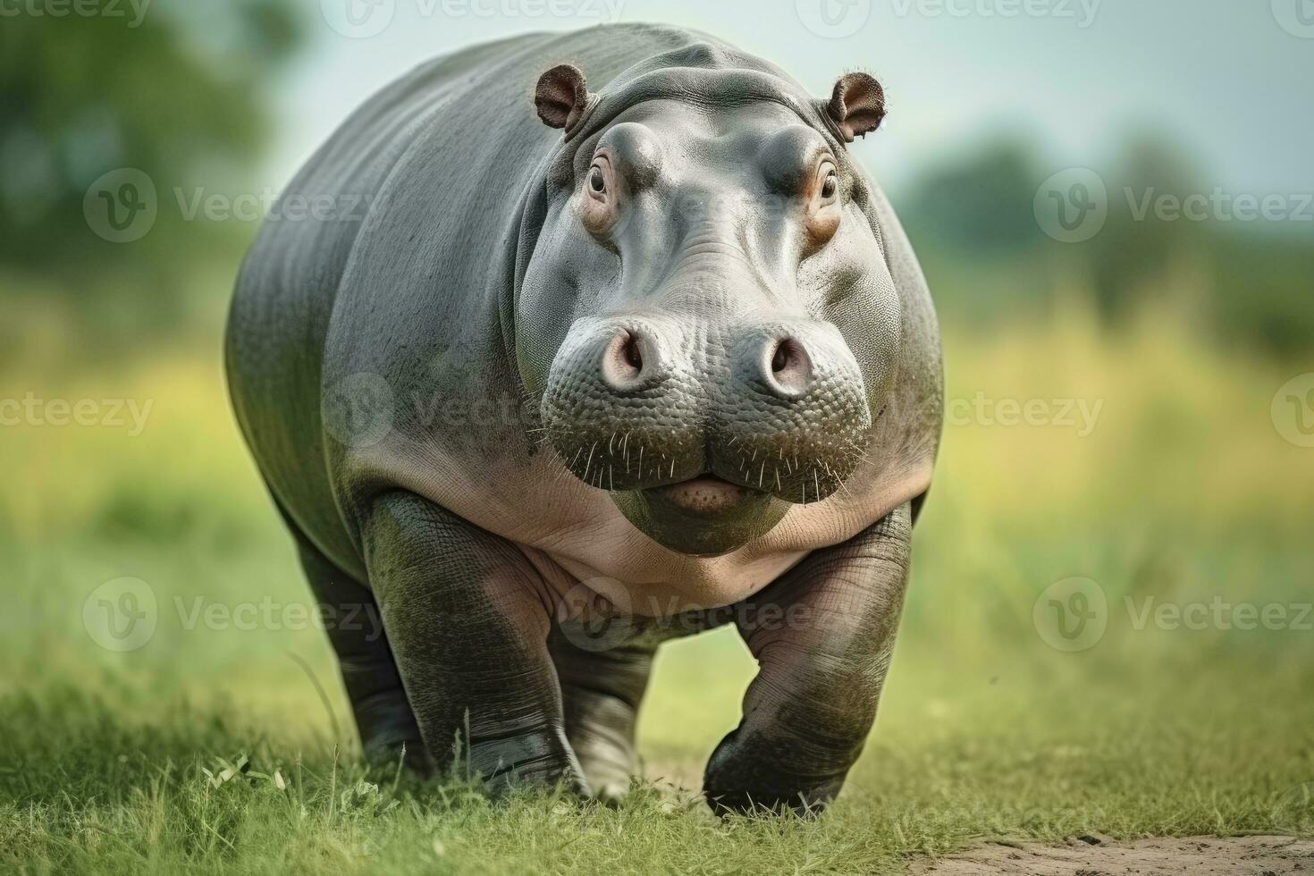 AI generated Hippopotamus Walking in a green field. AI Generated photo